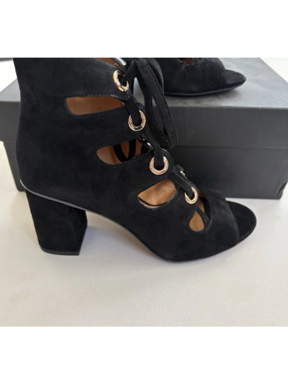 New Coach Women’s 5M Priscilla Lux Black Suede Lace Up Open Toe Sandals 3” Heels - Picture 8 of 14